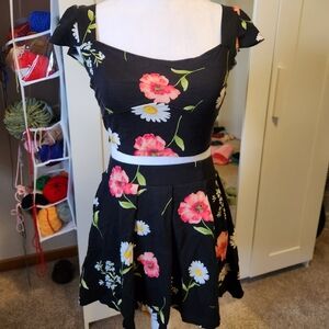 Forever 21 Black Floral Two-Piece Crop Top & Skirt Set